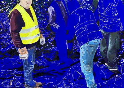 Peinture de Cassandre Cecchella bleue, travaux, gilet jaune