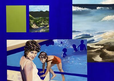 Peinture de Cassandre Cecchella bleue, piscine, plage, océan