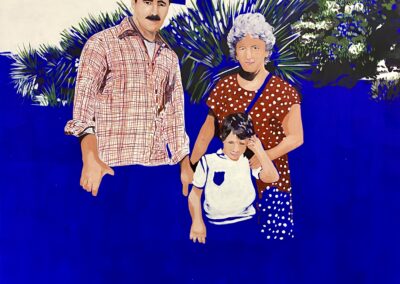 Peinture de Cassandre Cecchella bleue, photo de famille, pose