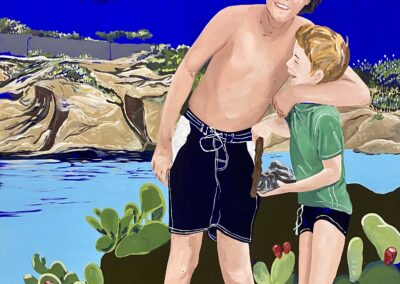 Peinture de Cassandre Cecchella bleue, bronzage, baignade, frères, jeu, vacances, cactus