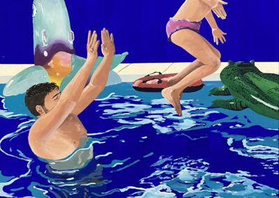 Peinture de Cassandre Cecchella bleue, baignade, piscine, jeu, bouée crocodile, plongeon