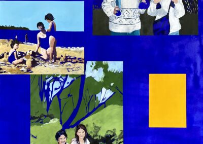 Peinture de Cassandre Cecchella bleue, balade, randonnée,plage, rire, soeurs, amis, famille