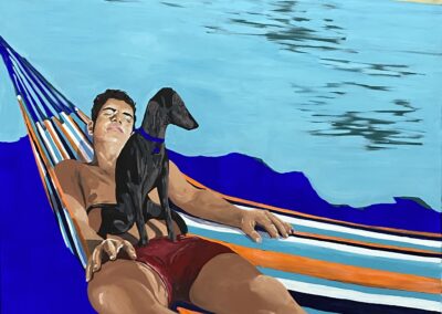 Peinture de Cassandre Cecchella bleue, chien, homme, amis, océan, vacances, hamac