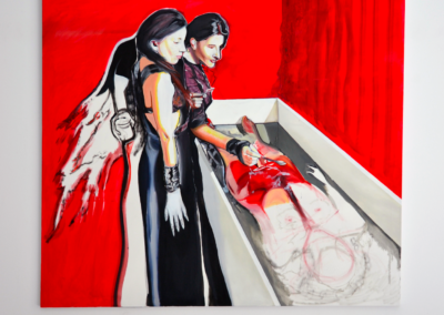 Esther Sauzet, Devil's Heaven, 2024 Peinture à l'huile représentant Lady Gaga et Marina Abramovic
